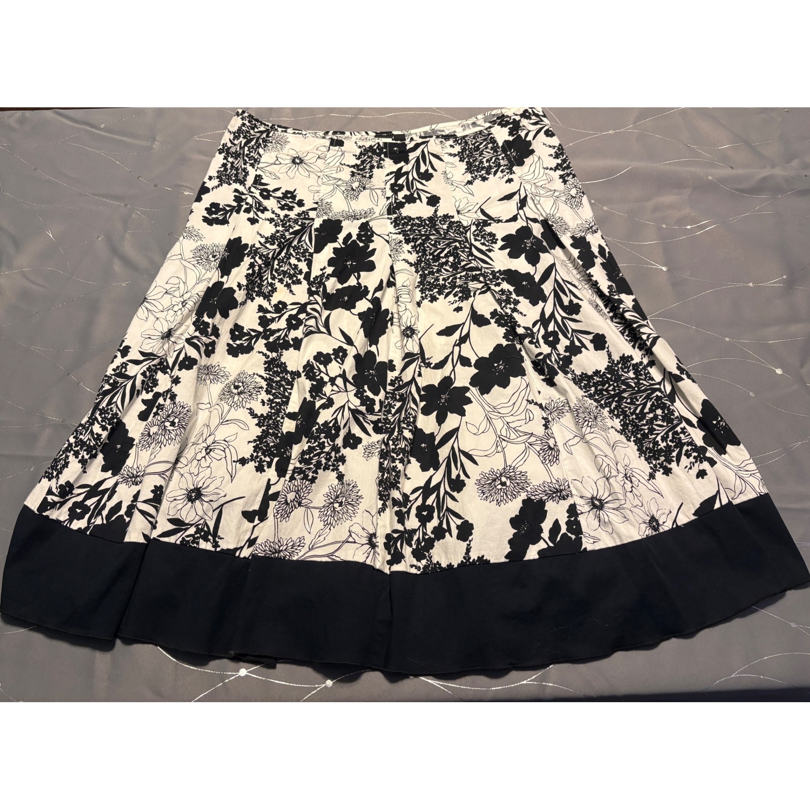 Jkla California Black White Floral A-Line Midi Skirt Cotton Blend Size L 4231pe1